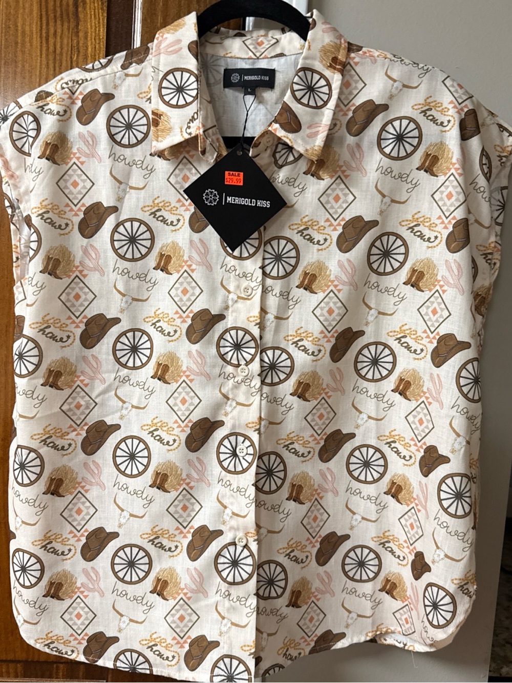 Merigold Kiss Women’s Button-Down Shirt - Cream with Brown Western Print